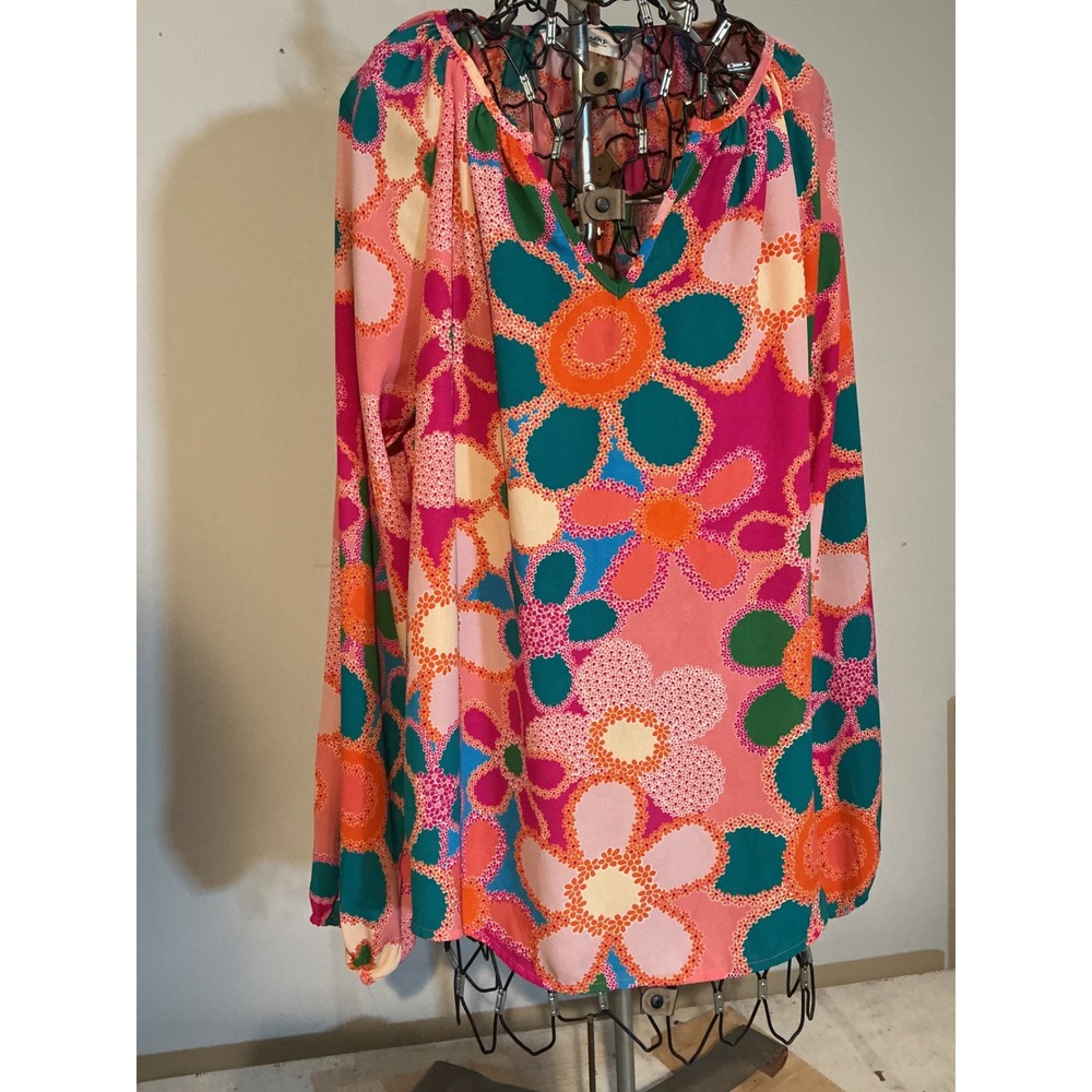 Impressions Floral V-Neck Blouse Pink Orange Teal‎ Daisy Print Top Womens M